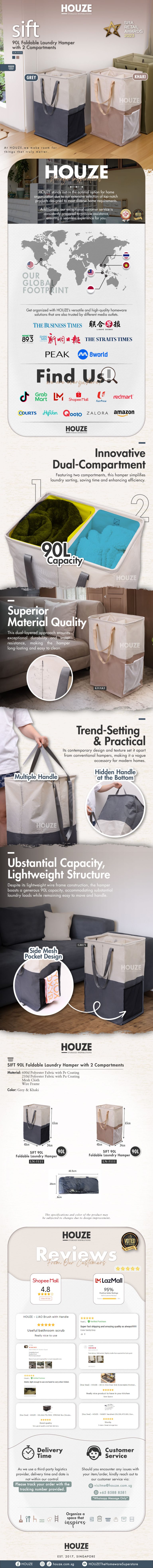 LN-5111-SIFT-90L-Foldable-Laundry-Hamper-with-2-Compartments-(Grey)(Khaki)